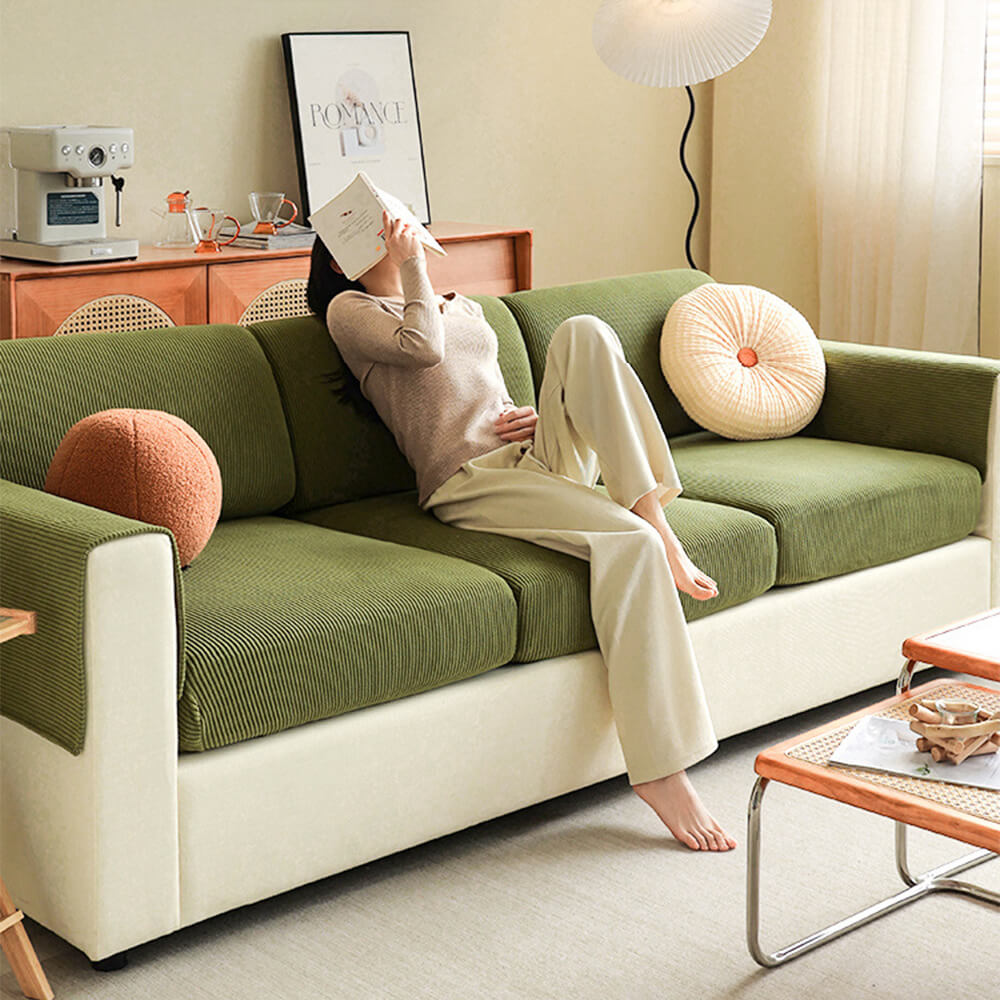 Vertical Stripe Corduroy Anti-Scratch Stretch Full-Cover Sectional Cozy Couch Cover