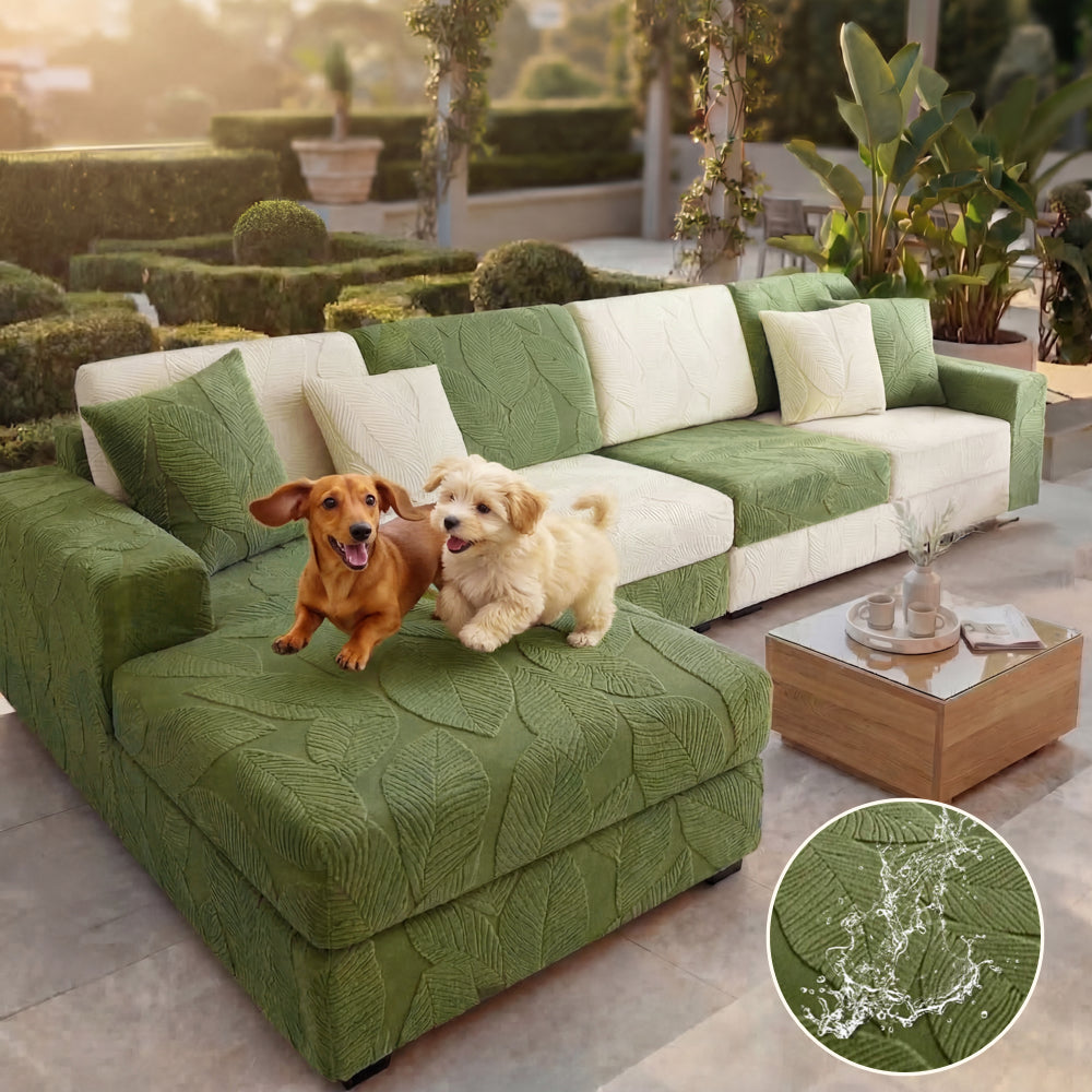 Modern Leaf Jacquard Water-Repellent Anti-Scratch Stretch Full Wrap Sectional Premium Couch Cover
