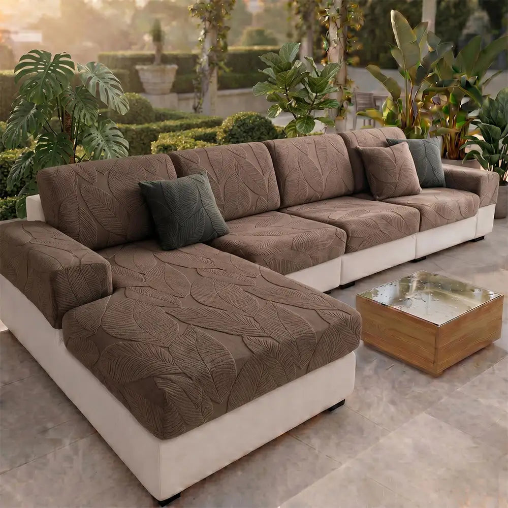 Modern Leaf Jacquard Water-Repellent Anti-Scratch Stretch Full Wrap Sectional Premium Couch Cover