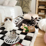 Cream-colored Large Plaid Square Fuzzy Pet Dog Mat Bed Comfy Couch Cover