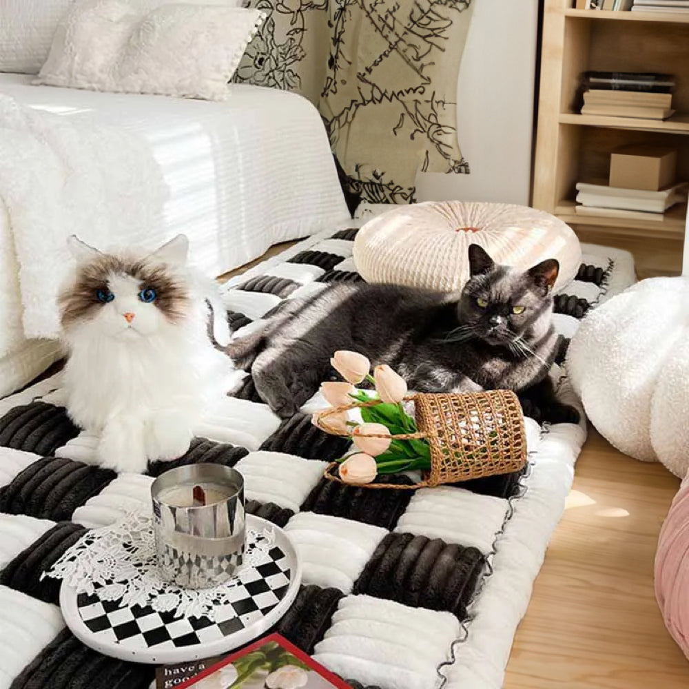 Cream-colored Large Plaid Square Fuzzy Pet Dog Mat Bed Comfy Couch Cover