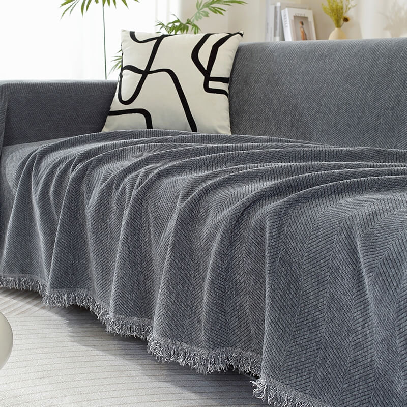 Chenille Blanket Herringbone Tassel All-Season Couch Cover