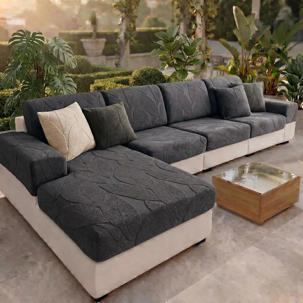 Modern Leaf Jacquard Water-Repellent Anti-Scratch Stretch Full Wrap Sectional Premium Couch Cover