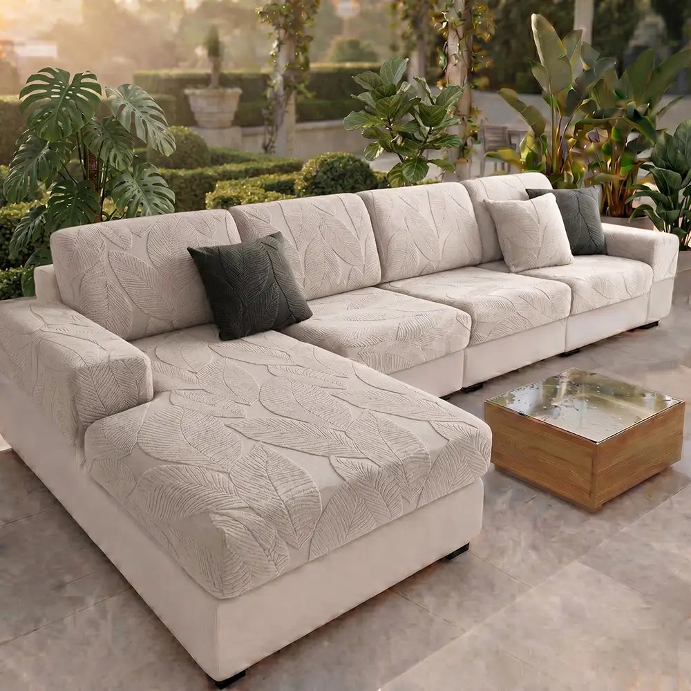 Modern Leaf Jacquard Water-Repellent Anti-Scratch Stretch Full Wrap Sectional Premium Couch Cover