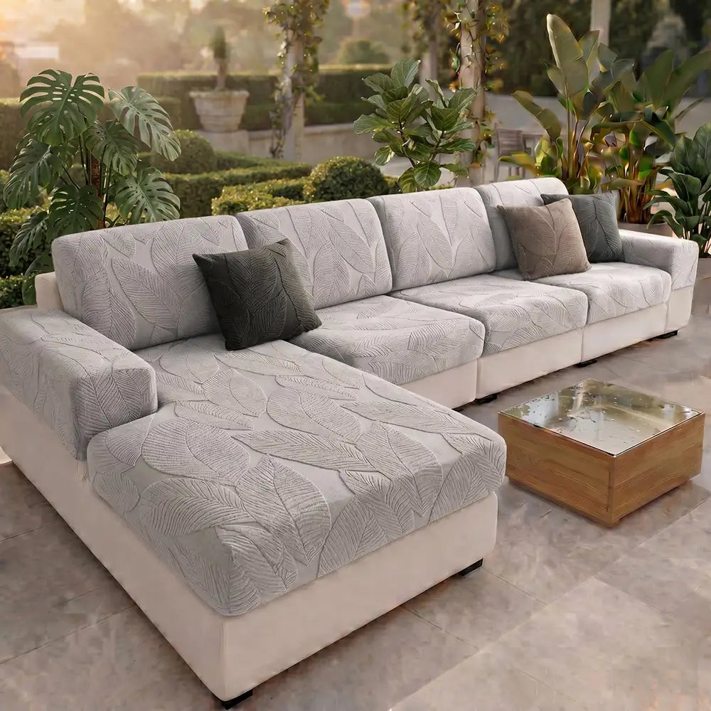 Modern Leaf Jacquard Water-Repellent Anti-Scratch Stretch Full Wrap Sectional Premium Couch Cover