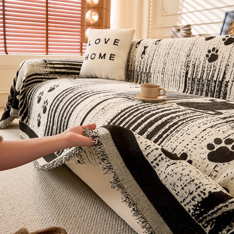Cartoon Paw Print Chenille Anti-Scratch Throw Anti-Slip Couch Cover