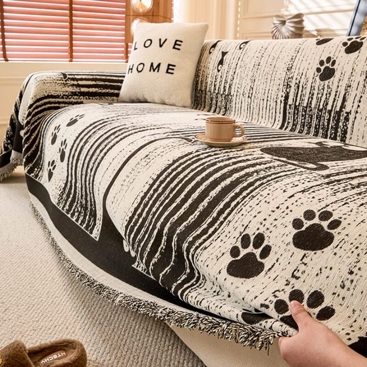 Cartoon Paw Print Chenille Anti-Scratch Throw Anti-Slip Couch Cover