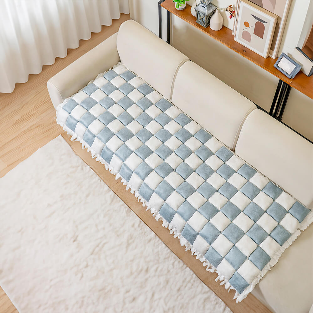 Cream-colored Large Plaid Square Fuzzy Pet Dog Mat Bed Comfy Couch Cover