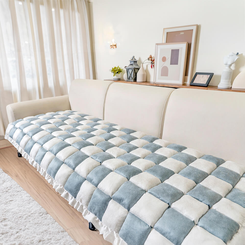 Cream-colored Large Plaid Square Fuzzy Pet Dog Mat Bed Comfy Couch Cover