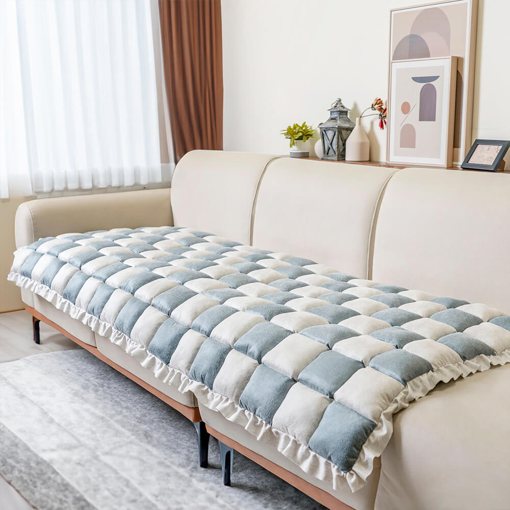 Cream-colored Large Plaid Square Fuzzy Pet Dog Mat Bed Comfy Couch Cover