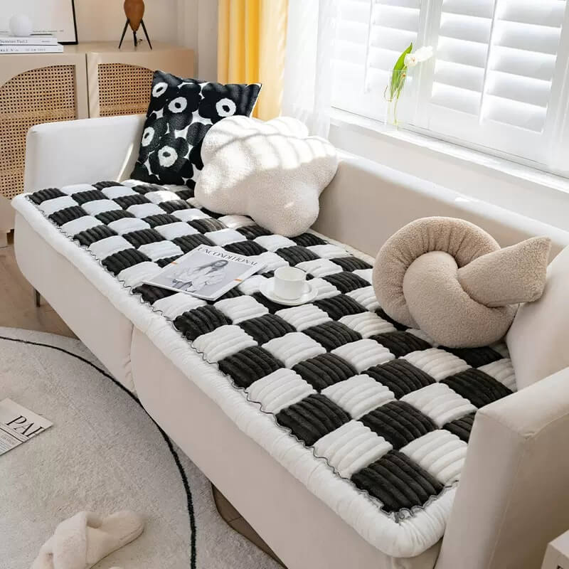 Cream-colored Large Plaid Square Fuzzy Pet Dog Mat Bed Comfy Couch Cover