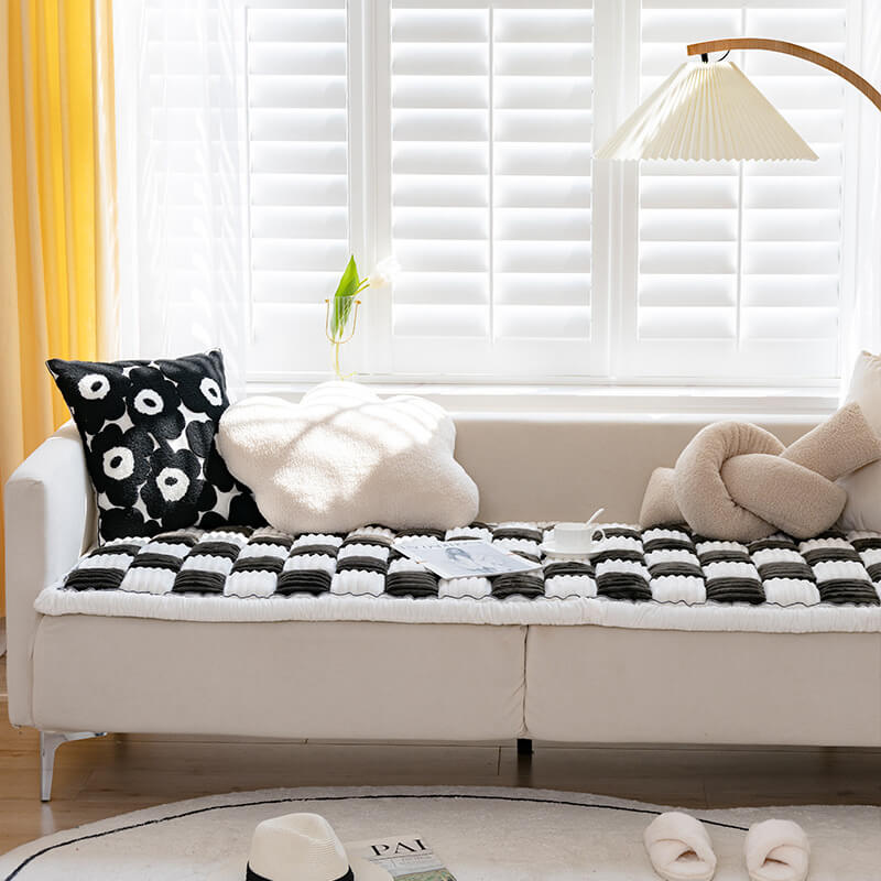 Cream-colored Large Plaid Square Fuzzy Pet Dog Mat Bed Comfy Couch Cover