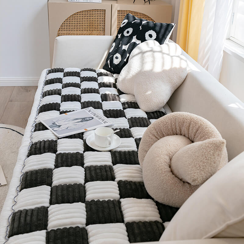 Cream-colored Large Plaid Square Fuzzy Pet Dog Mat Bed Comfy Couch Cover