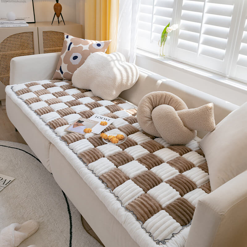 Cream-colored Large Plaid Square Fuzzy Pet Dog Mat Bed Comfy Couch Cover