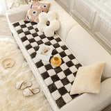 Cream-colored Large Plaid Square Fuzzy Pet Dog Mat Bed Comfy Couch Cover