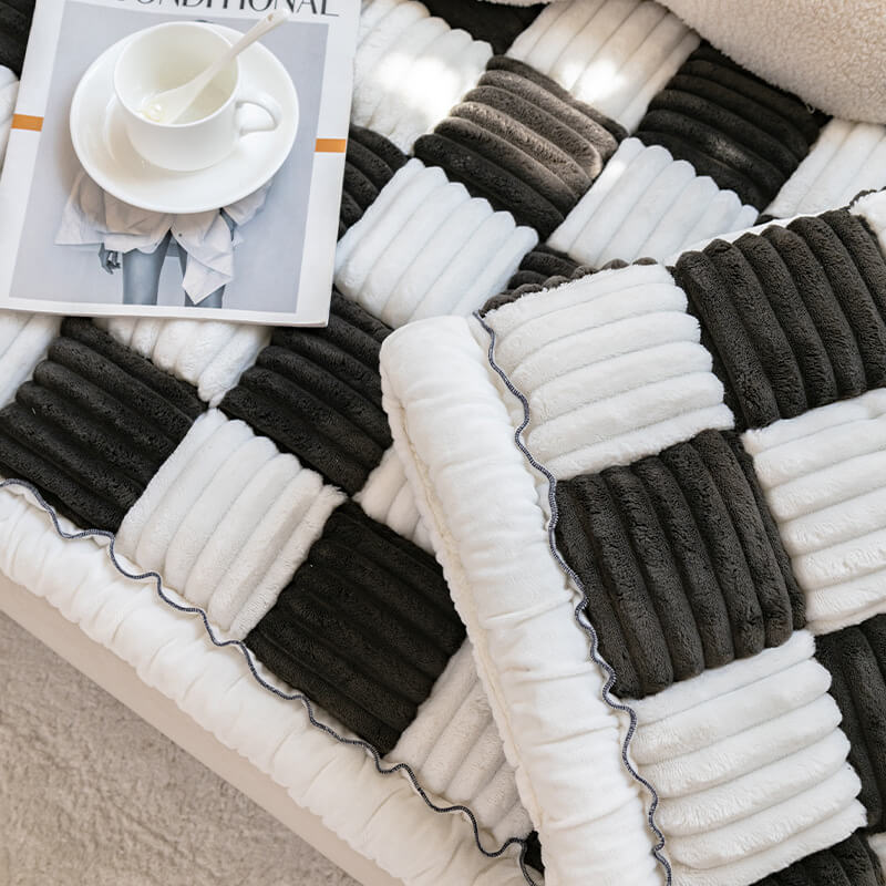 Cream-colored Large Plaid Square Fuzzy Pet Dog Mat Bed Comfy Couch Cover