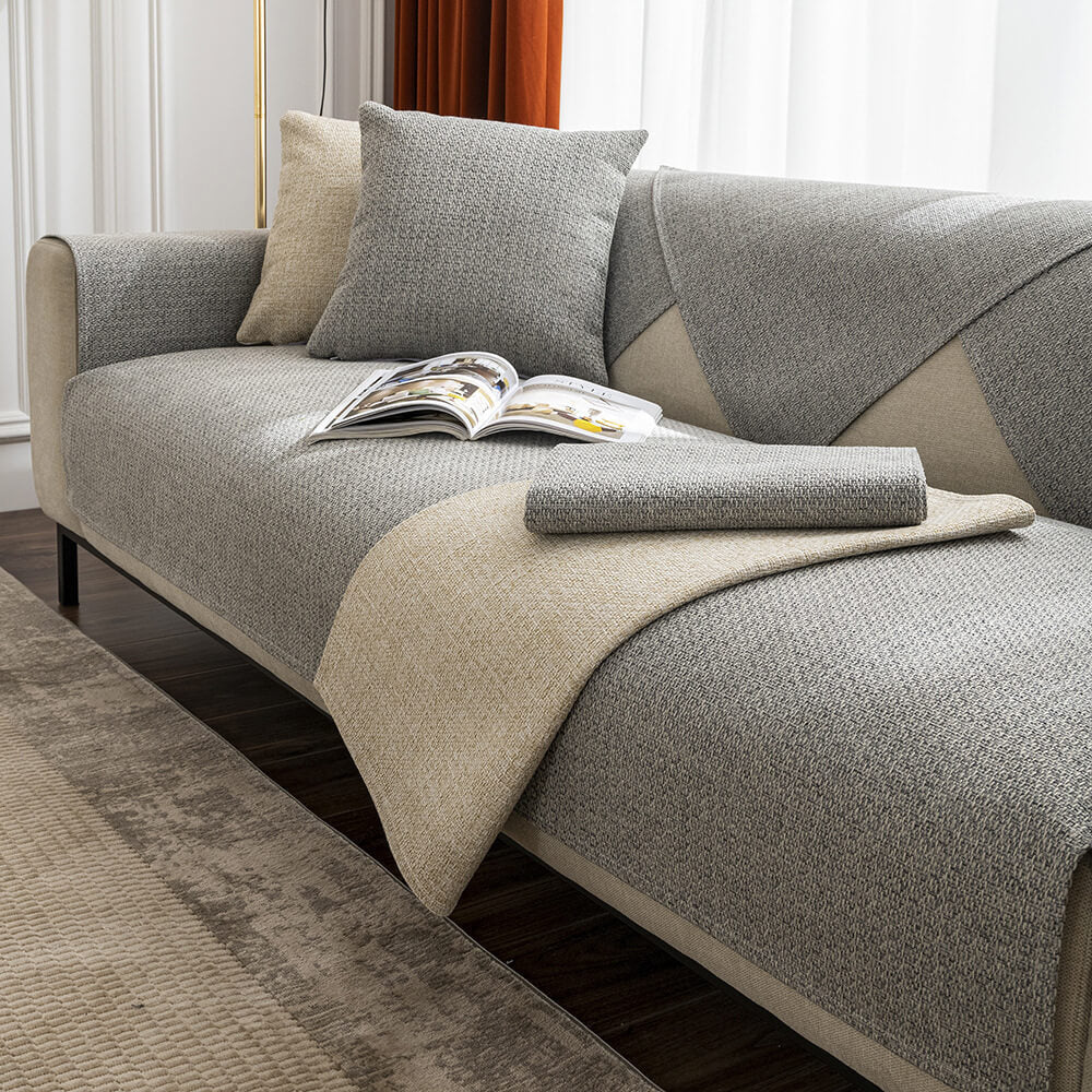 Minimalist Solid Color Breathable Faux Linen Plush Couch Cover