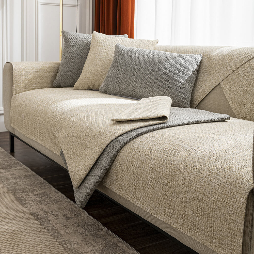 Minimalist Solid Color Breathable Faux Linen Plush Couch Cover