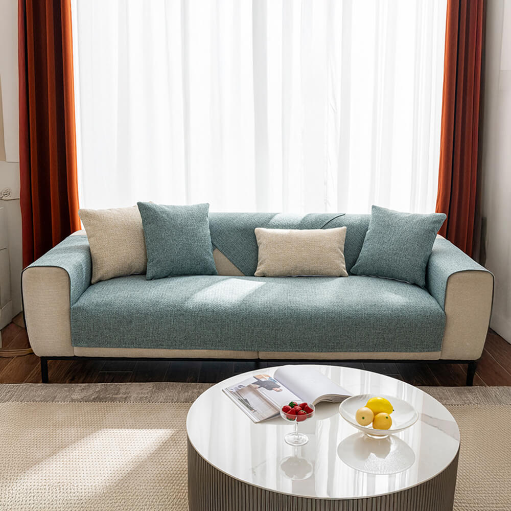 Minimalist Solid Color Breathable Faux Linen Plush Couch Cover