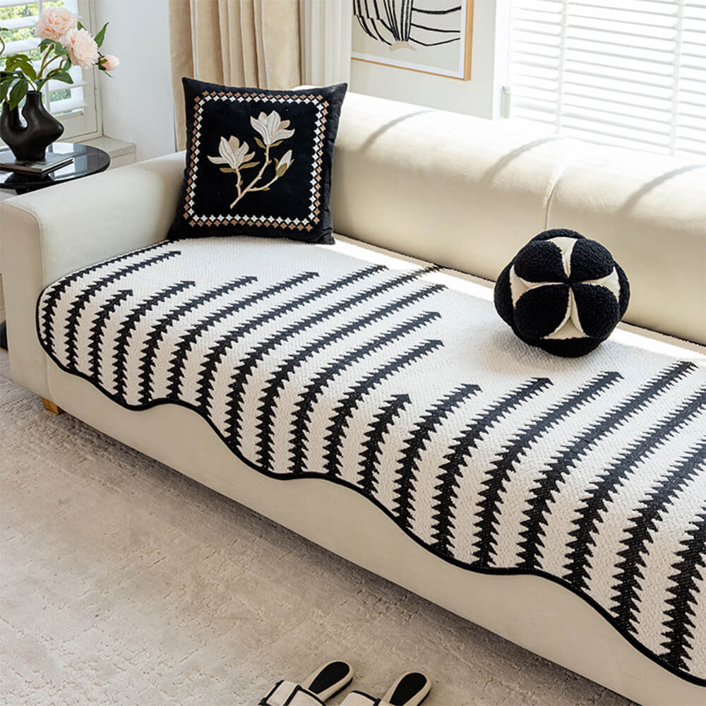 Modern Chevron Stripes Chenille One-Piece Breathable Couch Cover with Wavy Edges