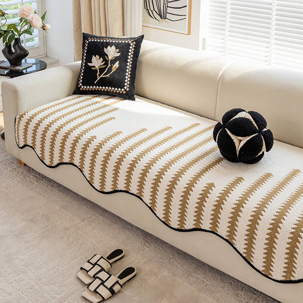 Modern Chevron Stripes Chenille One-Piece Breathable Couch Cover with Wavy Edges