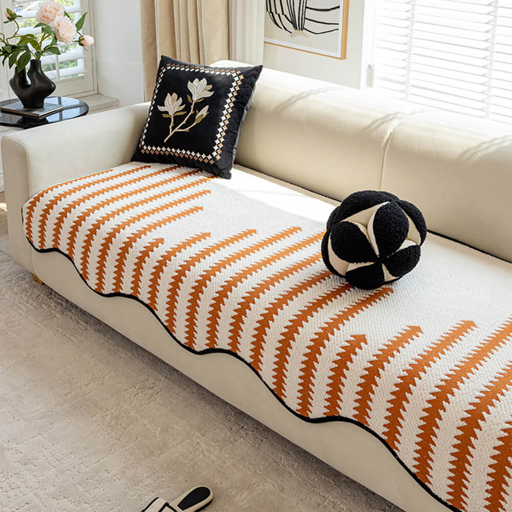Modern Chevron Stripes Chenille One-Piece Breathable Couch Cover with Wavy Edges