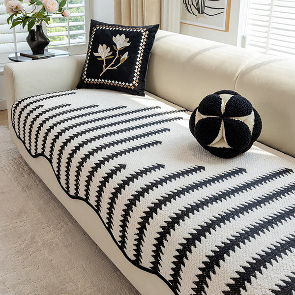 Modern Chevron Stripes Chenille One-Piece Breathable Couch Cover with Wavy Edges