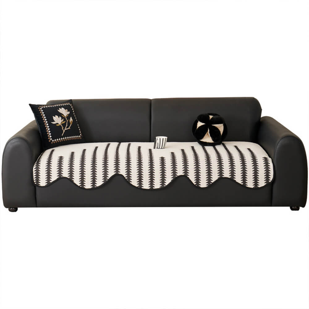 Modern Chevron Stripes Chenille One-Piece Breathable Couch Cover with Wavy Edges