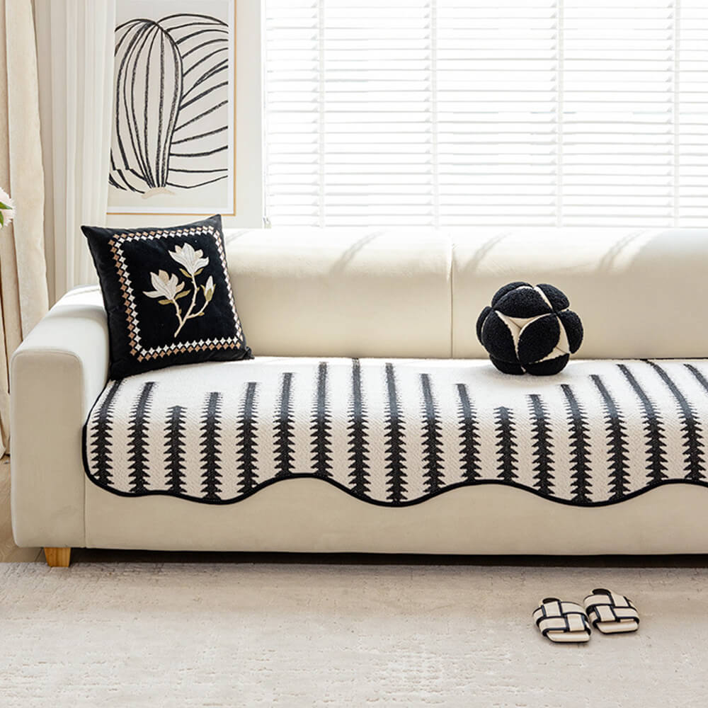 Modern Chevron Stripes Chenille One-Piece Breathable Couch Cover with Wavy Edges
