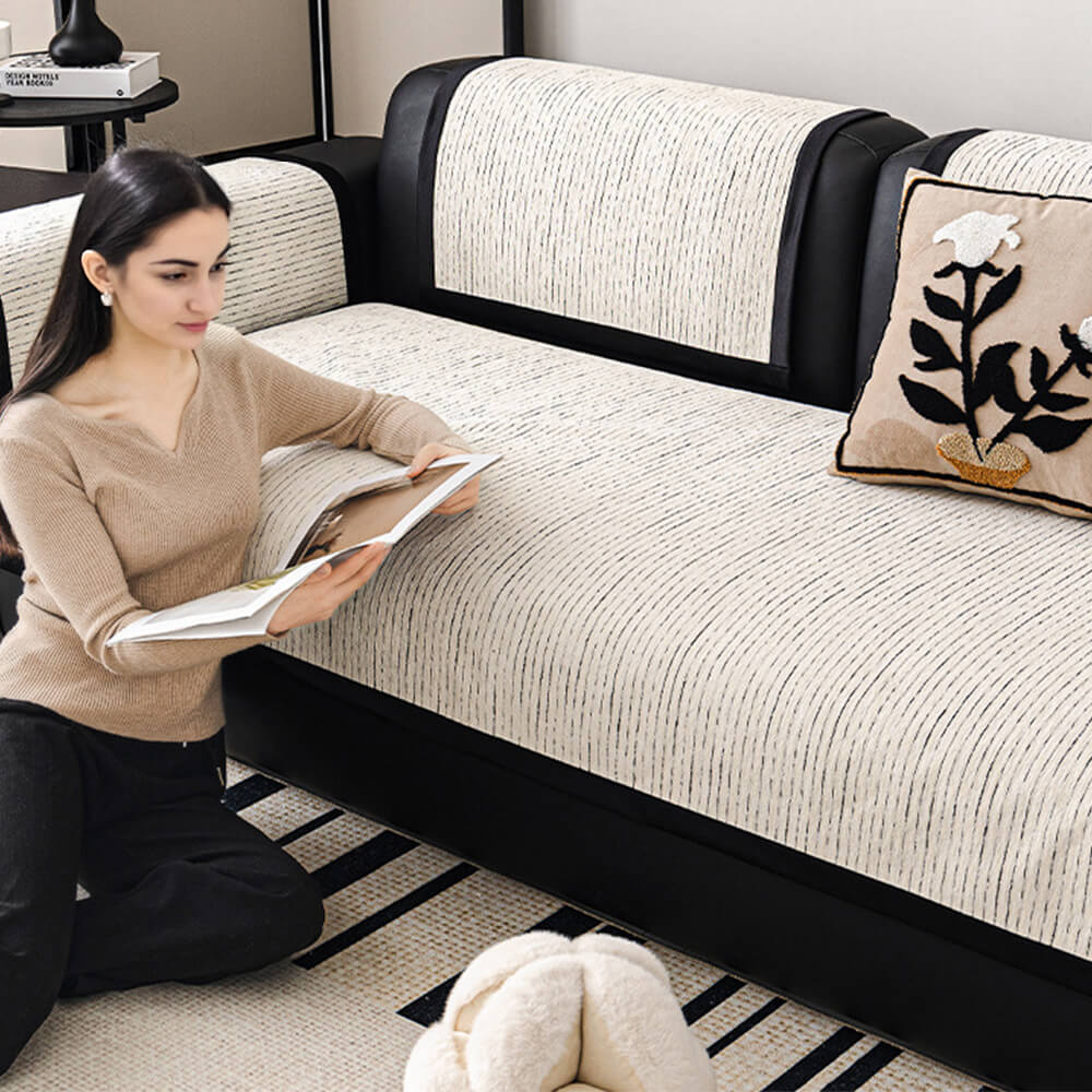 Modern French Striped Chenille Reinforced Couch Cover