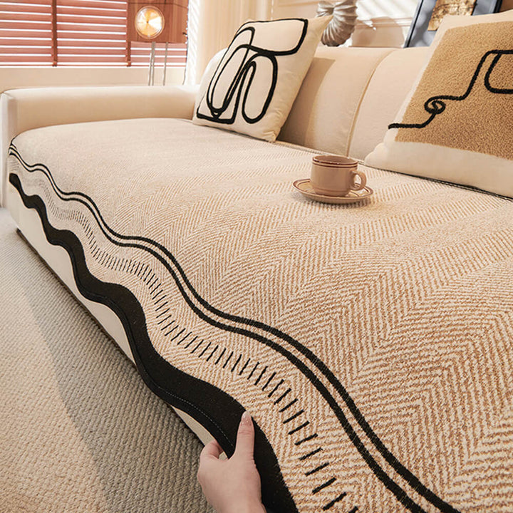 Non-Slip Herringbone Chenille Sleek Couch Cover with Wavy Edges
