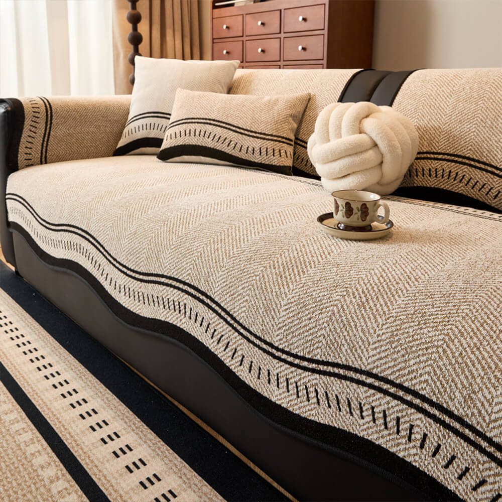 Non-Slip Herringbone Chenille Sleek Couch Cover with Wavy Edges