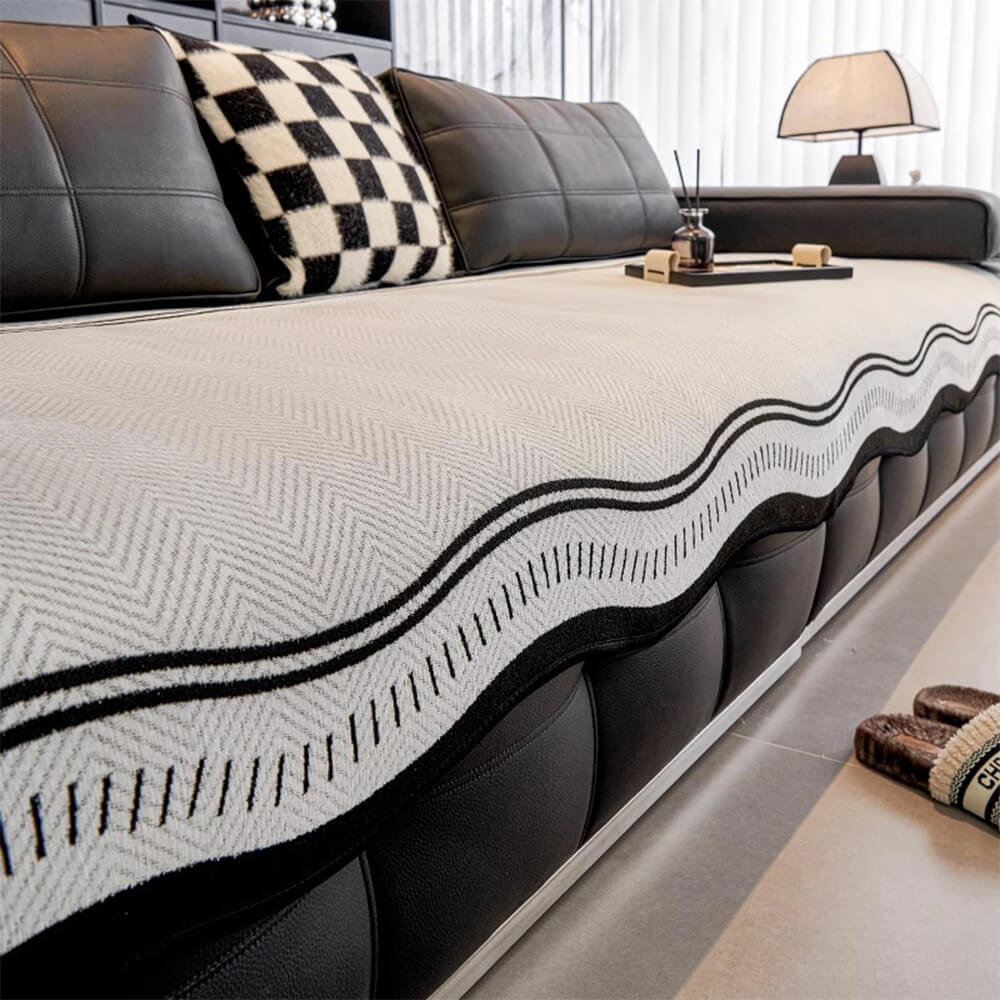 Non-Slip Herringbone Chenille Sleek Couch Cover with Wavy Edges