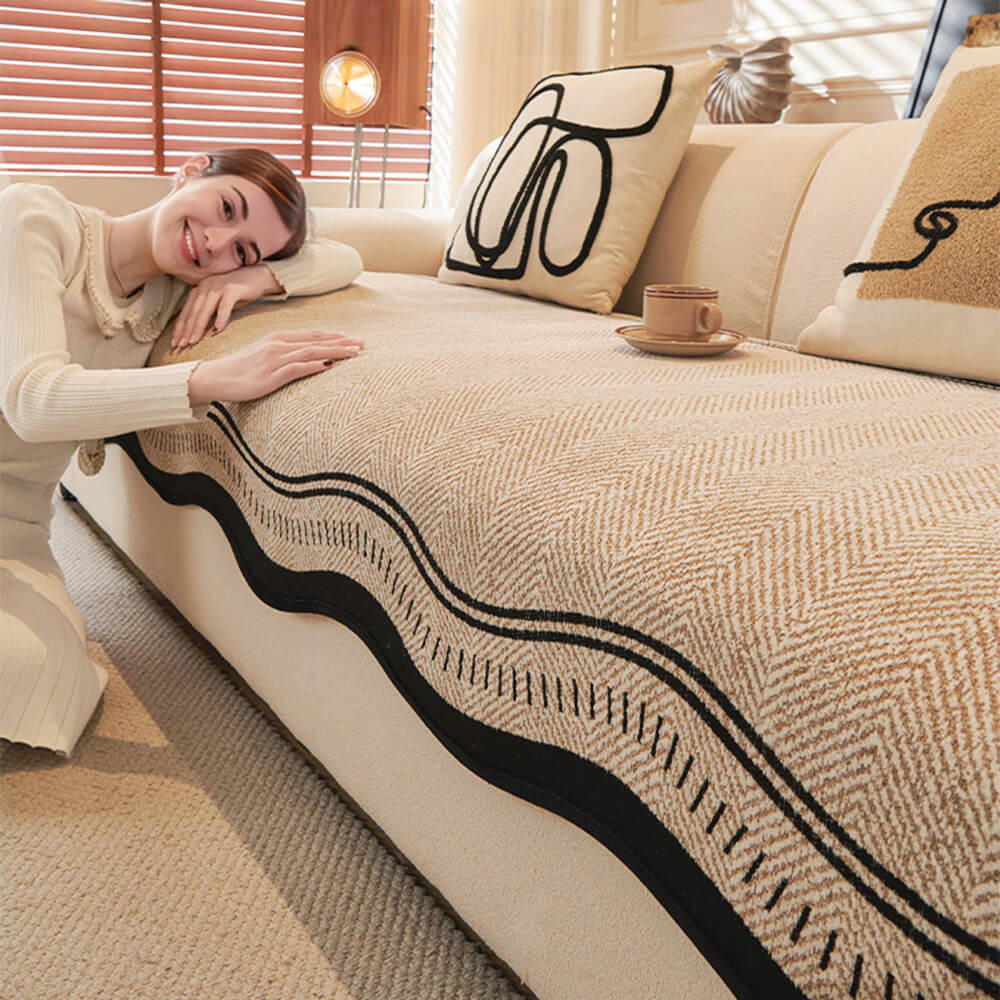 Non-Slip Herringbone Chenille Sleek Couch Cover with Wavy Edges