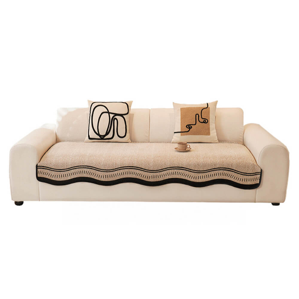 Non-Slip Herringbone Chenille Sleek Couch Cover with Wavy Edges