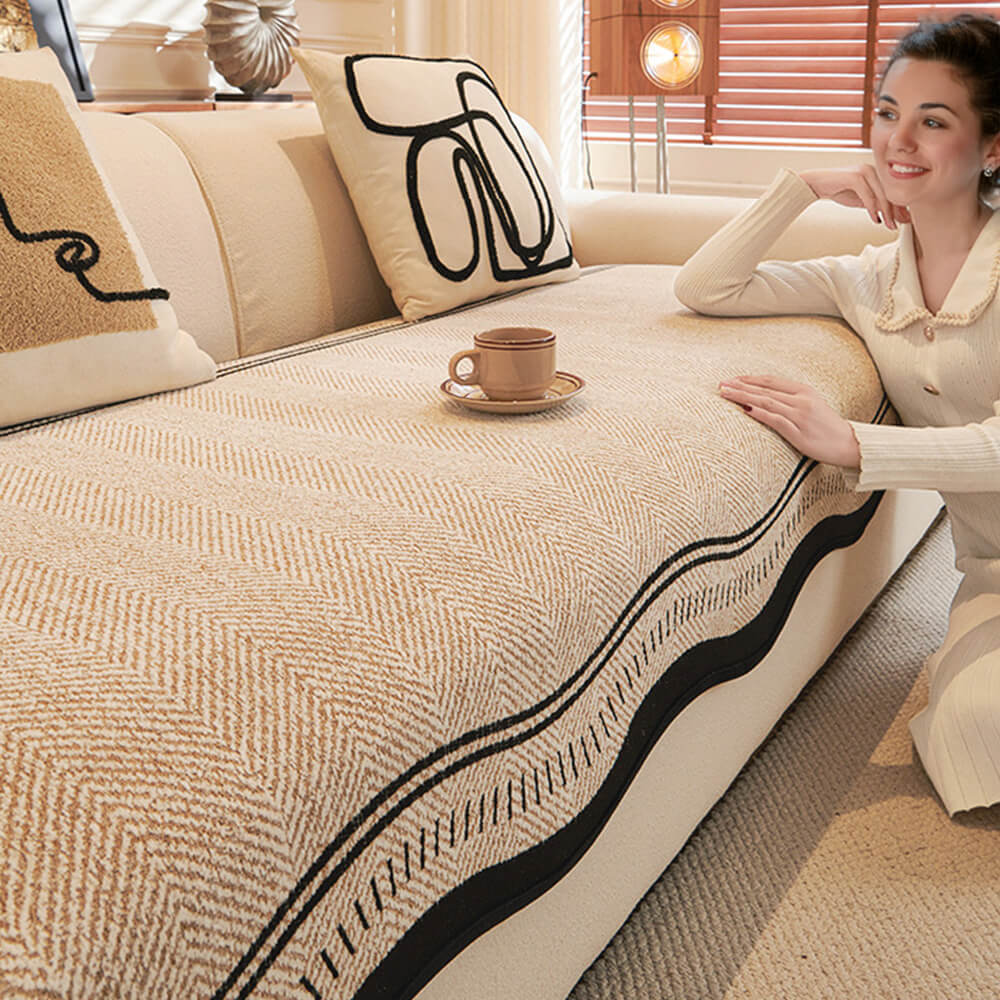 Non-Slip Herringbone Chenille Sleek Couch Cover with Wavy Edges