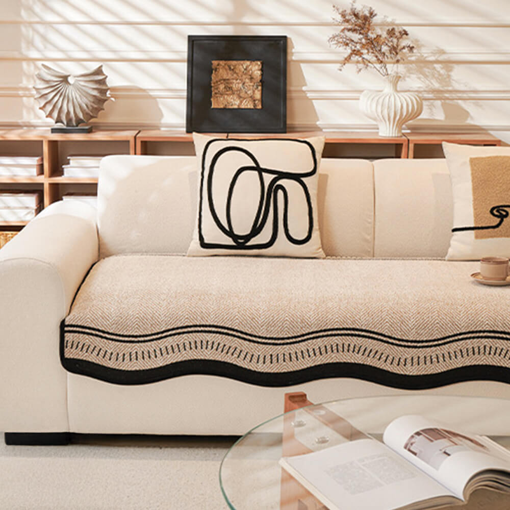Non-Slip Herringbone Chenille Sleek Couch Cover with Wavy Edges