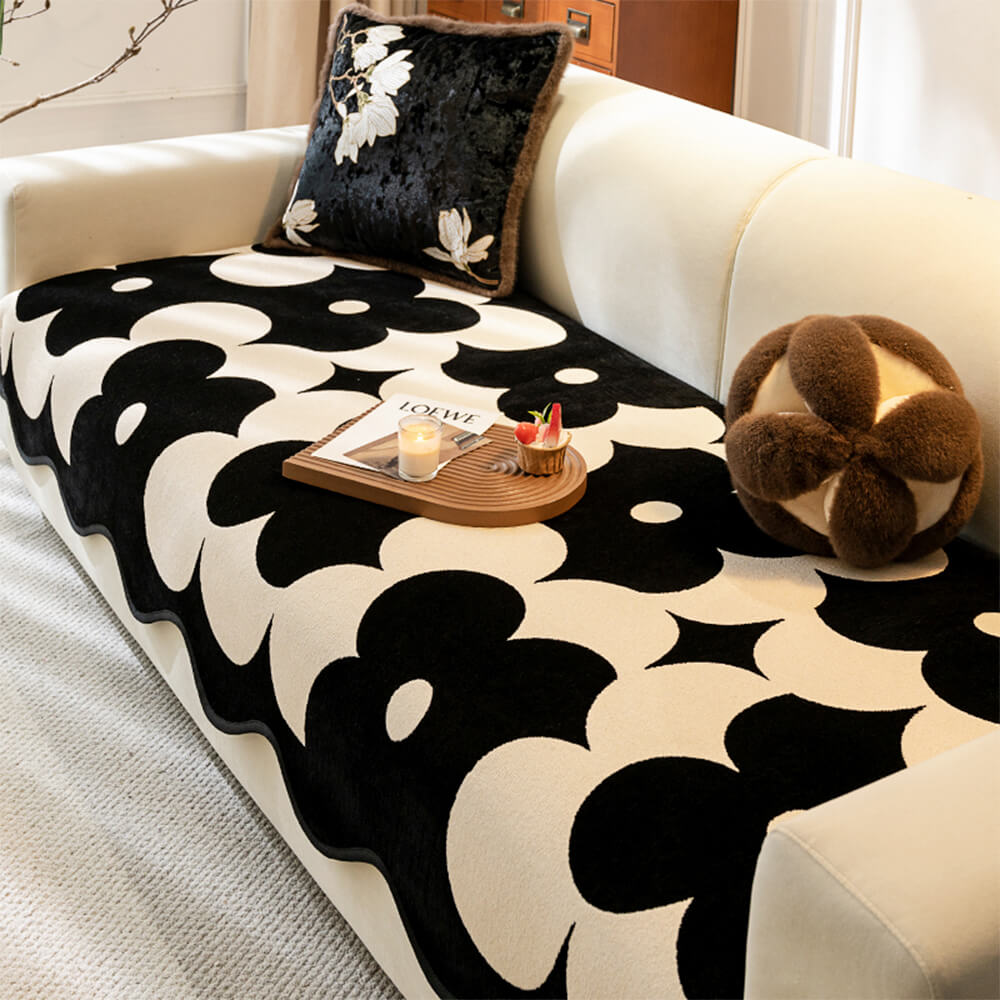 Elegant Floral Chenille Waterproof Couch Cover with Wavy Border