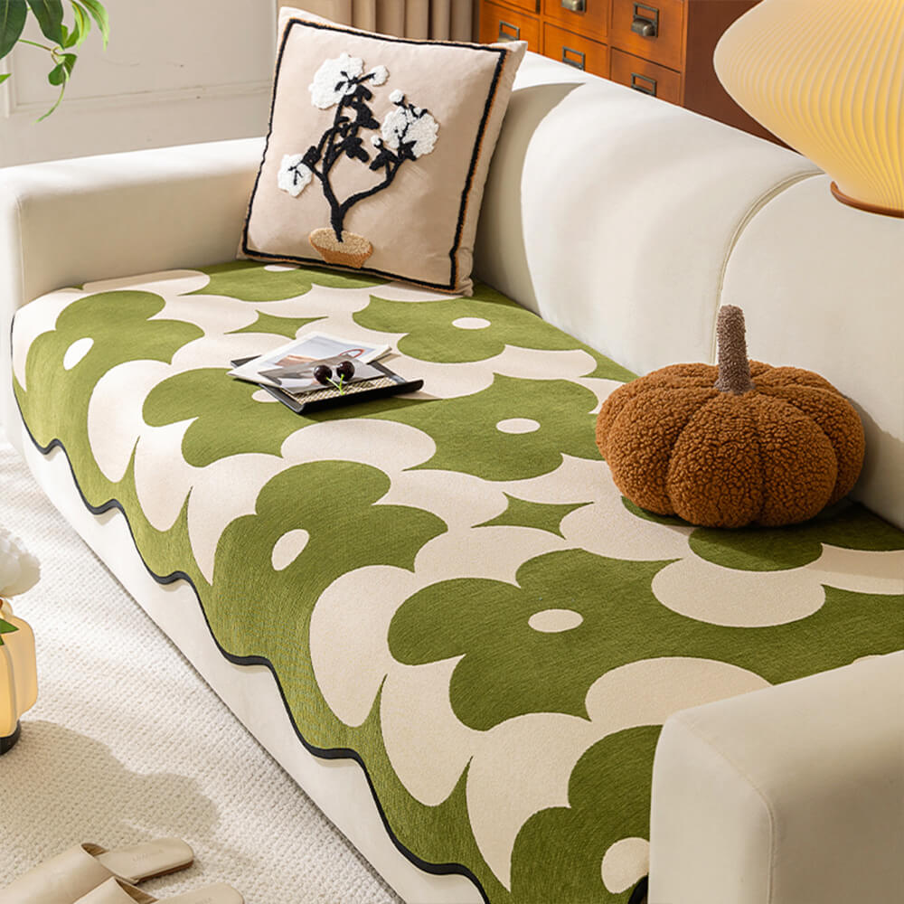 Elegant Floral Chenille Waterproof Couch Cover with Wavy Border