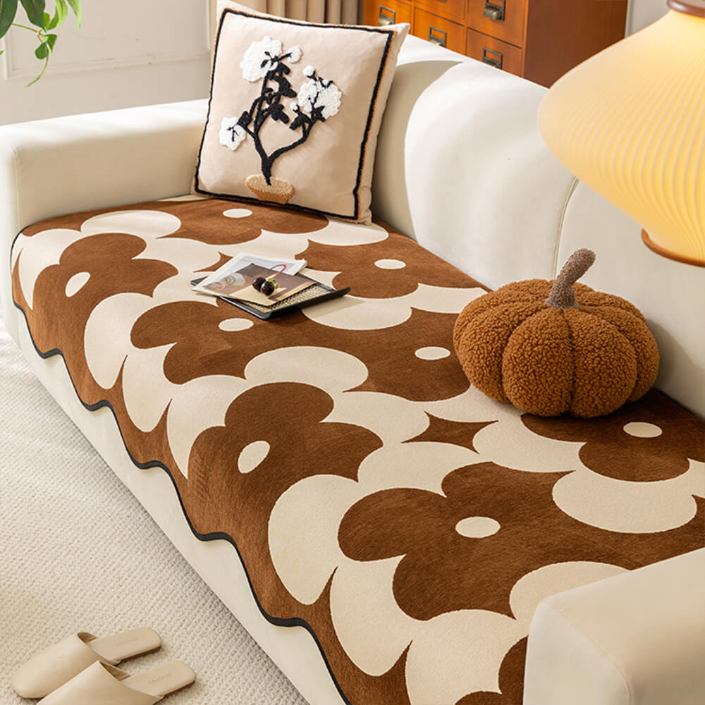 Elegant Floral Chenille Waterproof Couch Cover with Wavy Border