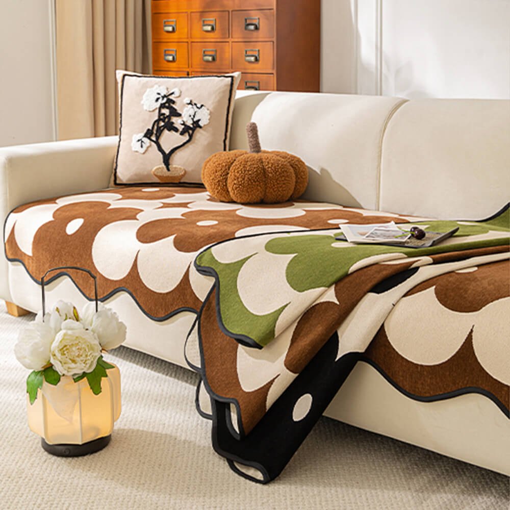 Elegant Floral Chenille Waterproof Couch Cover with Wavy Border