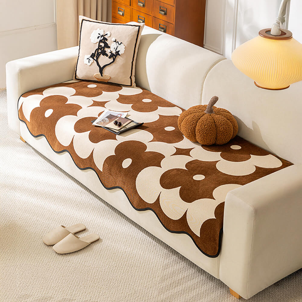 Elegant Floral Chenille Waterproof Couch Cover with Wavy Border