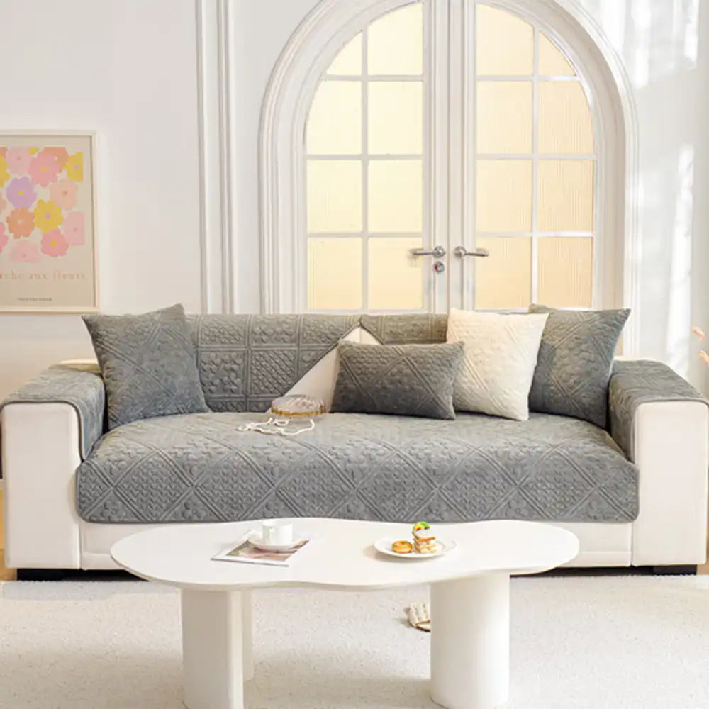 Embossed Geometric Pattern Soft Plush Quilted Non-Slip Luxe Couch Cover