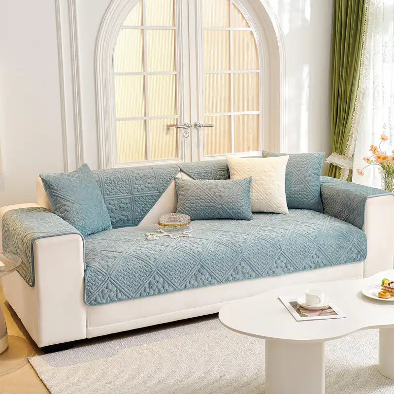 Embossed Geometric Pattern Soft Plush Quilted Non-Slip Luxe Couch Cover
