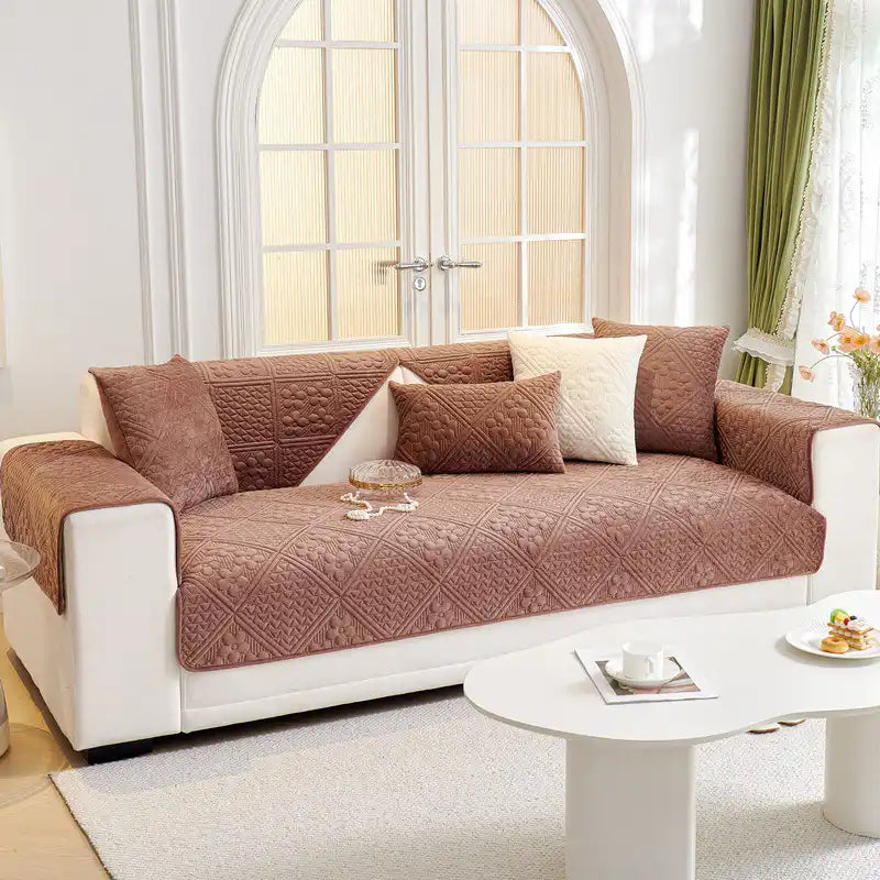 Embossed Geometric Pattern Soft Plush Quilted Non-Slip Luxe Couch Cover