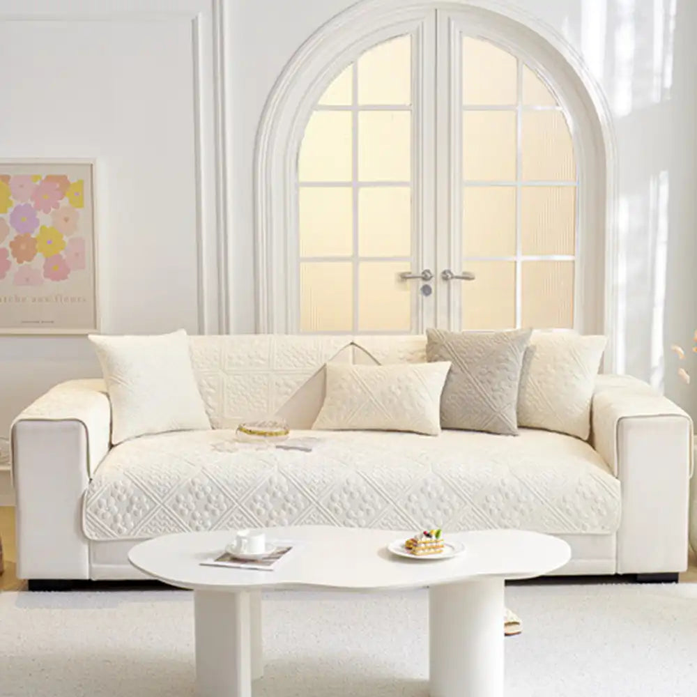 Embossed Geometric Pattern Soft Plush Quilted Non-Slip Luxe Couch Cover