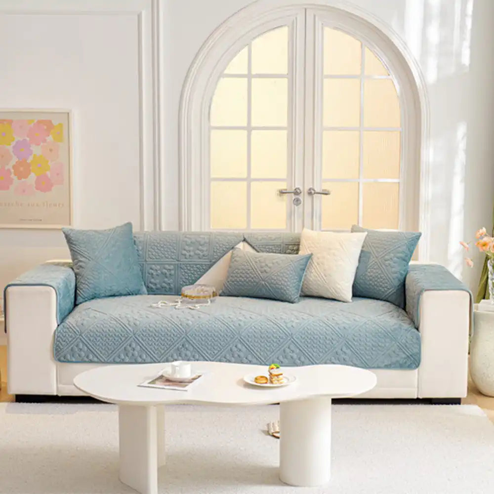 Embossed Geometric Pattern Soft Plush Quilted Non-Slip Luxe Couch Cover
