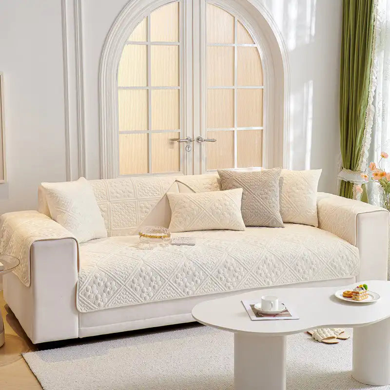 Embossed Geometric Pattern Soft Plush Quilted Non-Slip Luxe Couch Cover