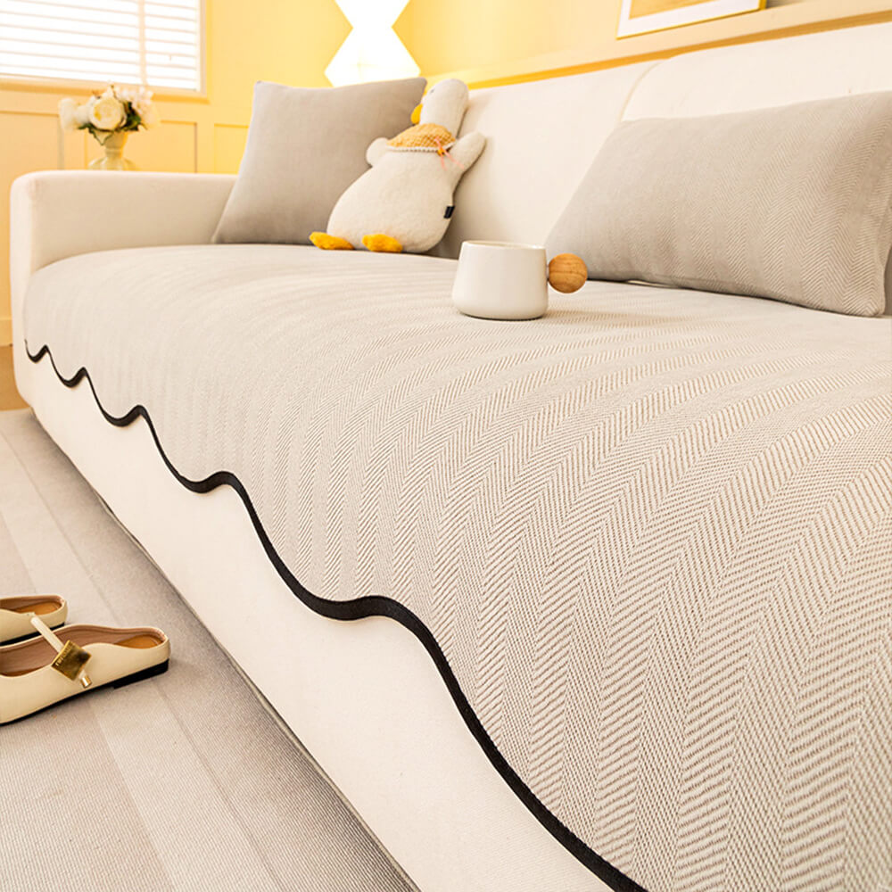 Minimalist Herringbone Chenille Non-Slip Wavy Edge Classic Couch Cover