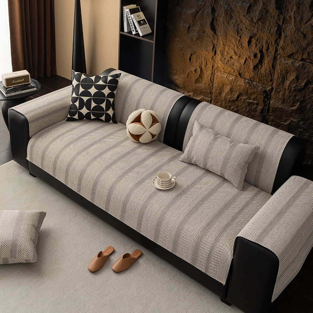 Minimalist Herringbone Weave Breathable Faux Linen All-Season Anti-Slip Couch Cover